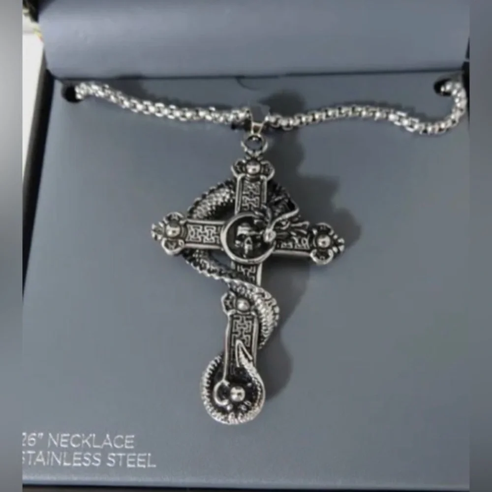 Ed Hardy Men’s silver serpent cross gothic charm neckchain new in hardcase new‎